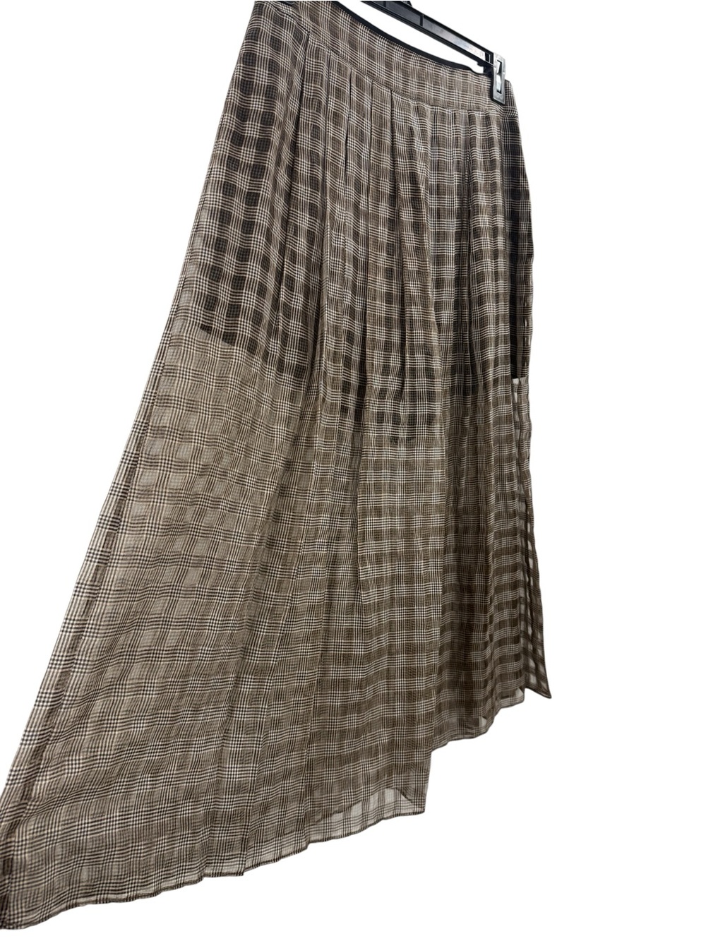 Billy Reid Plaid Pleated Midi Skirt Brown Silk Blend Sheer Dark Academia